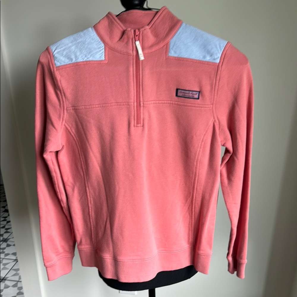 Vineyard Vines Coral and Light Blue Quarter-Zip Pullover Shep Shirt